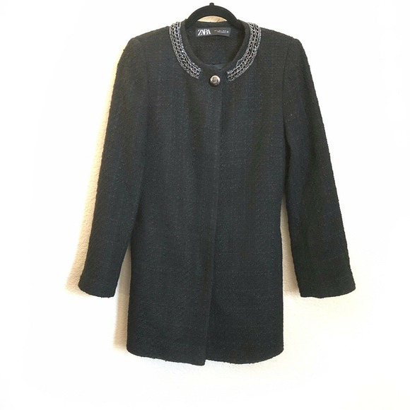 Zara NWT Women's Tweed Coat Mid Length Black Chain Jacket Runs M - Picture 1 of 7